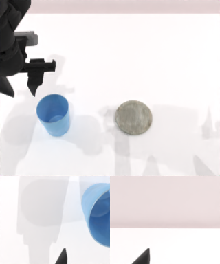 Model input at chunk t minus 1. The left arm enters from the top left, above and to the left of the blue cup.